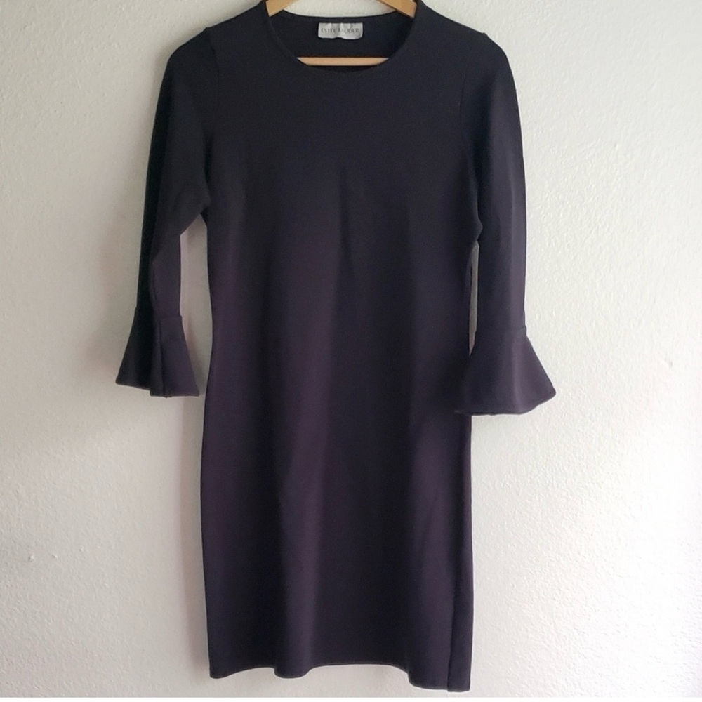 Estee Lauder Black Midi Shift Dress with Fluted Sleeves